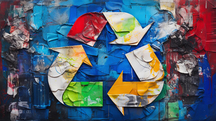 Colorful graphic representation of a recycling symbol, multi - textured, cubist style, collage of recyclable materials such as cans, paper, and plastic