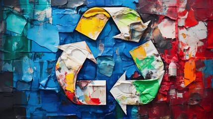Colorful graphic representation of a recycling symbol, multi - textured, cubist style, collage of recyclable materials such as cans, paper, and plastic