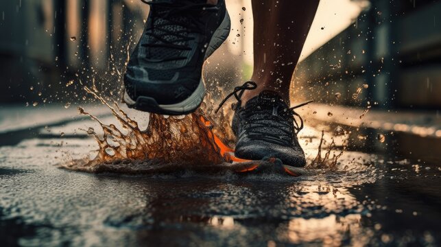 Action-filled image of a runner splashing through a pud