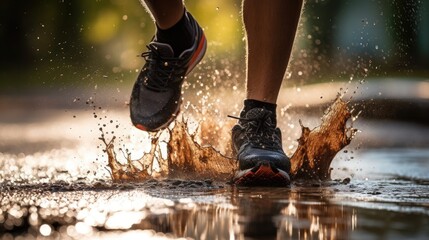 Action-filled image of a runner splashing through a pud