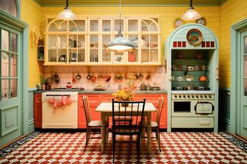 Generative AI. visual style  in pink and blue colors kitchen with wardrobe and table in retro style. vintage aesthetics of the 60s