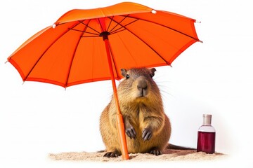 Gopher or capybara on the sand with a sun umbrella and a bottle of drink isolated on a white background.