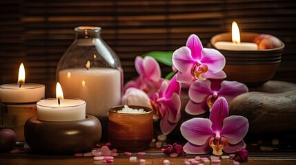 Fototapeta na wymiar Exotic spa treatment setting with aromatic candles and flowers
