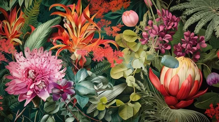 Fotobehang beautiful fantasy design vintage wallpaper tropical botanical flower bunch,vintage motif for floral print digital background © Nokhoog
