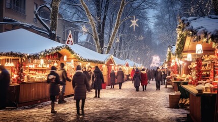 Festive Christmas market under a soft snowfall