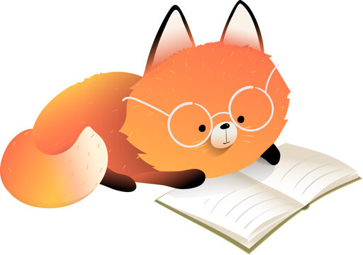 Cute fox animal reading a book wearing glasses. Fox animal character for kids school education or library. Reading, study and children education vector isolated clip art in watercolor style.