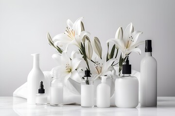 "Cosmetic Elegance: Exquisite product photography with tubes, bottles, and lilies on a white background. #Beauty Captured"