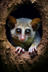 Gray mouse lemur hiding in a tree hole. Amazing wildlife. Generative Ai