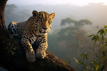 Foto op Plexiglas Portrait of a Jaguar on tree branch with the jungle in the background. Amazing Wildlife. Generative Ai © Shootdiem