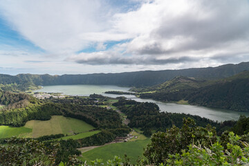 The lakes at Sete Cidades on Sao Miguel Island in the Azores of Portugal. 