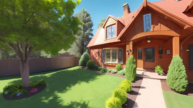 3D House with a large garden and a car garage, 360 Camera View, seamless loop, abstract 3D