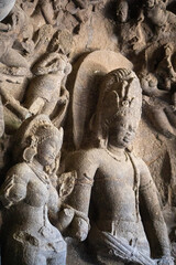 Shiva and Parvati Marry at the Elephanta Caves on Gharapuri island, outside of Mumbai, Indi