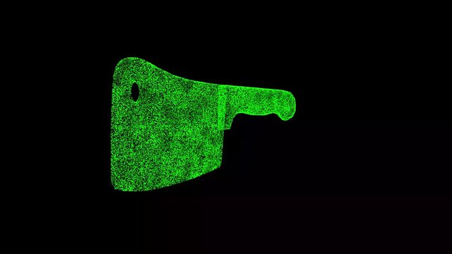 3D Butcher knife rotates on black bg. Meat chopper. Kitchen knife for meat. Slaughterhouse, meat industry. For title, text, presentation. Business advertising backdrop. 3d animation 60 FPS