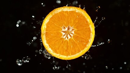 Super Slow Motion of Orange Slice With Water Splashes. Rotating Slice of Orange with Splashing Water Around. Isolated on Black Background. Filmed on High Speed Cinema Camera, 1000 Fps. Speed Ramp.