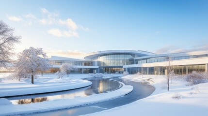 Snow-covered healthcare facility in a serene winter land