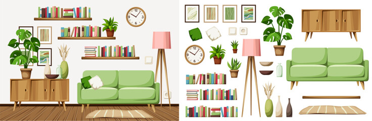 Living room interior design with a sofa, a dresser, books on bookshelves, a floor lamp, and a monstera in a pot. Furniture set. Interior constructor. Cartoon vector illustration