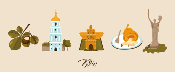 A set of icons of landmarks and symbols of Kyiv, Ukraine. Motherland monument, St. Sophia's Cathedral, Golden Gate, Kiev-style cutlet, chestnut. Hand drawn vector illustration
