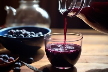 Woman pouring blueberry juice from jug into glass.