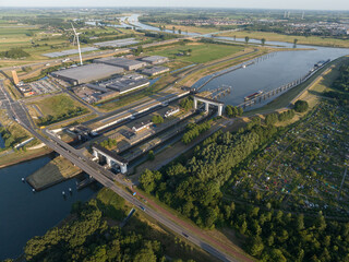 Aerial drone view on The Princess Beatrix lock is a lock complex in the Dutch municipality of Nieuwegein with three chambers.