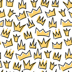 Seamless pattern of hand drawn yellow different variations of crowns