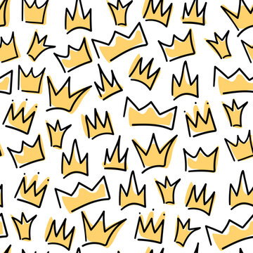Seamless pattern of hand drawn yellow different variations of crowns