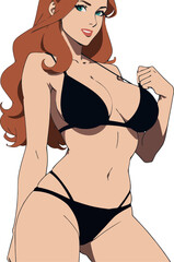 Sexy redhead woman in bikini swimwear summer illustration vector cartoon flat style isolated on white background.