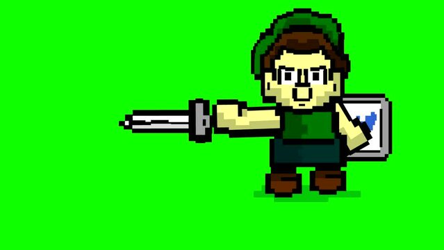 Animation of an old-style game in pixel art of a boy with a green hat and a shield swinging his sword in front of a green background, 2d.