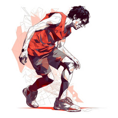 Shape illustration of a athlete in red, in the style of anime, dignified poses, emotional figures, disfigured forms, cut/ripped, sparse use of color, crisp lines
