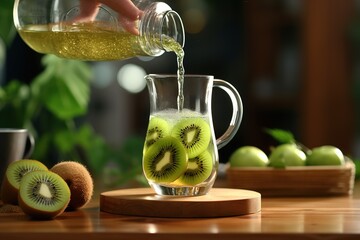 Woman pouring kiwi juice from jug into glass.