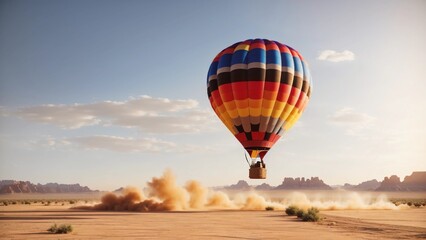 Fototapeta na wymiar Hot air balloon taking off for fly and dust cloud on the horizon. Generative Ai