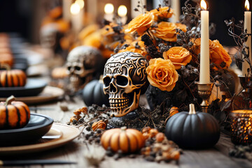 Fototapeta premium Festive table setting with pumpkins and skulls for halloween celebration. Generative AI illustration