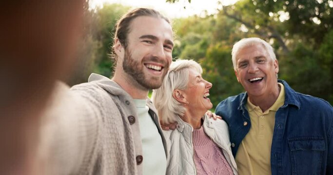 Son, selfie and happy with senior parents in garden with hug for bonding with a laugh in summer. Man, profile photo and grandparents with family in portrait with happiness for quality time in nature.