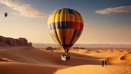A colorful Hot air balloon floating in the desert. copy space background. Generative Ai