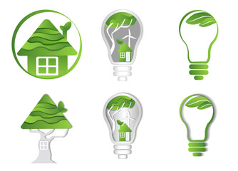Set of icons symbol of green energy, clean house, eco-friendly house, city, concept of eco house, recycling, nature protection and environment, eco-friendly consumption. Vector on white background
