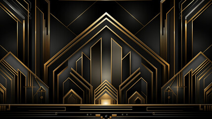 Obraz premium Abstract art deco. Great Gatsby 1920s geometric architecture background. Retro vintage black, gold, and silver roaring 20s texture, Generative Ai