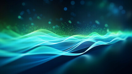 abstract futuristic background with green blue glowing neon moving high speed wave lines and bokeh lights. Data transfer concept Fantastic wallpaper, Generative Ai - obrazy, fototapety, plakaty