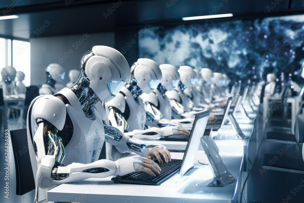 Poster humanoid robot working in modern office with computer on desk. generative ai