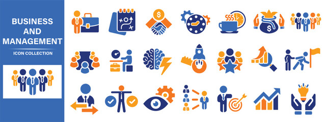Obraz premium Business, data analysis, organization management and technology icon set. Teamwork, strategy, planning, marketing, cloud technology, data analysis, employee icon set. Icons vector collection