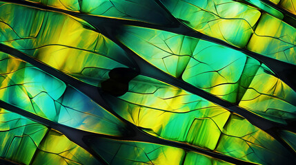 Butterfly Wing - closeup butterfly wing yellow black green. iridescent, background wallpaper texture, Generative Ai