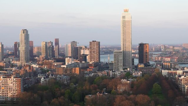 Evening Panorama of Rotterdam, Netherlands. Rotterdam, The Netherlands - Aprill, 2023: City Scape,