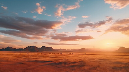 Fototapeta na wymiar Cinematic African landscape. Sahara grasslands. Sunrise over the desert plains. Safari views, Generative Ai