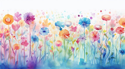 Fototapeta na wymiar Colorful watercolor abstract flower meadow background. Rainbow wildflower spring wallpaper, Generative Ai