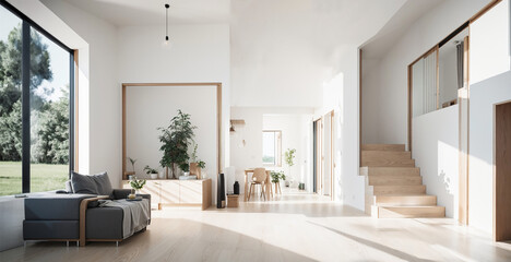 Modern bright interior living room idea with large windows