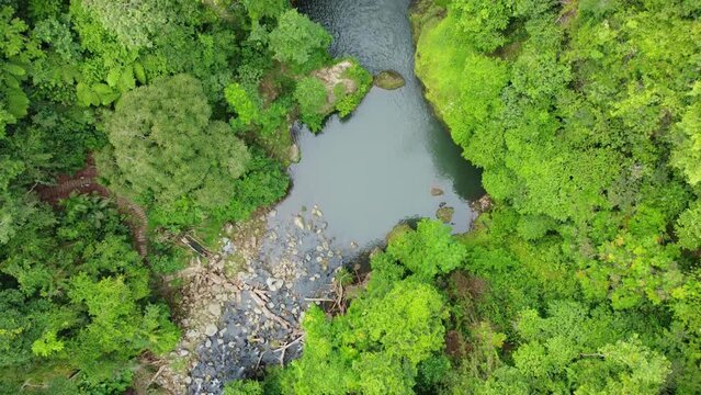 An aerial view of the Blang Kolam Waterfall in the province of Aceh, Indonesia