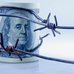 Economic warfare, sanctions and embargo busting concept. US Dollar money  in barbed wire. Copy space.