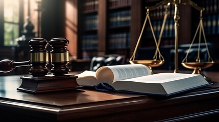 judge gavel and books. Law firm courtroom, Office space for legal work. Lawyers and judges, Generative Ai