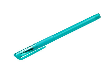 Bright blue ballpoint pen with a closed cap on a white background