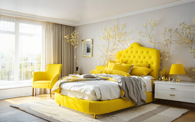 Modern luxury bedroom interior in yellow and white colors