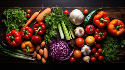 Fresh vegetables on black background. Variety of raw vegetables. Colorful various herbs and spices for cooking on dark background, copy space