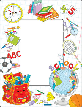Vector school frame border with a funny cartoon satchel, globe, clock, textbooks, balls and other objects for schoolchildren